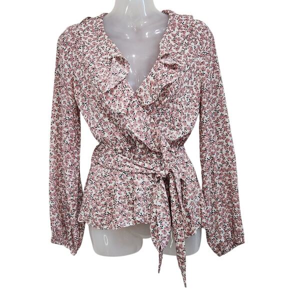 Max Studio Ruffle Peplum Blouse Long Sleeve V-Neck Tie Waist Floral Pink Size XS - Picture 1 of 11
